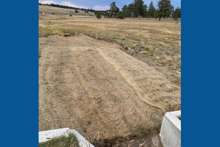 Installing erosion control blanket in Black Forest, Colorado on the outlet of a drainage flared end section