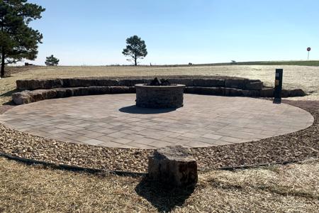 Click to view full size Fire pit, Siloam stone 'stadium' seating and a patio in Black Forest Colorado