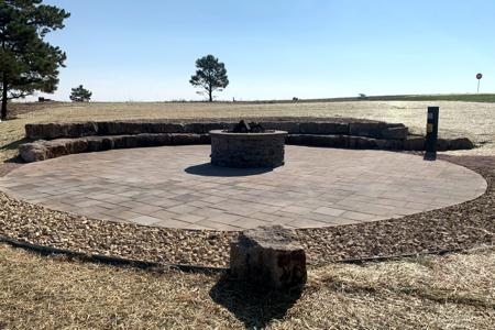 Fire pit, Siloam stone 'stadium' seating and a patio in Black Forest Colorado
