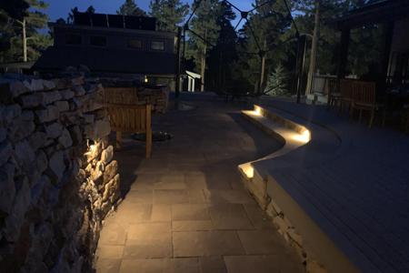 Click to view full size Siloam stone retaining walls with outdoor lighting in Monument Colorado